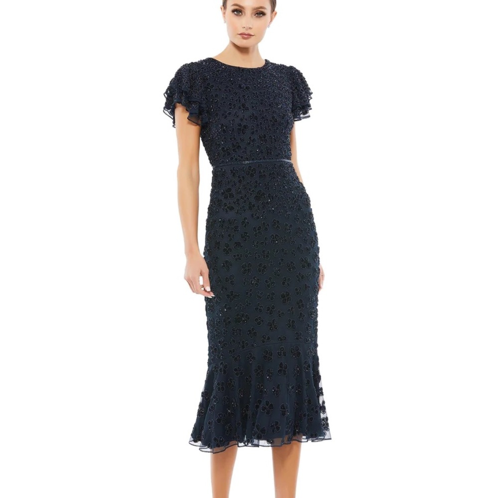 Mac Duggal Navy Blue Beaded Midi Dress - NWT